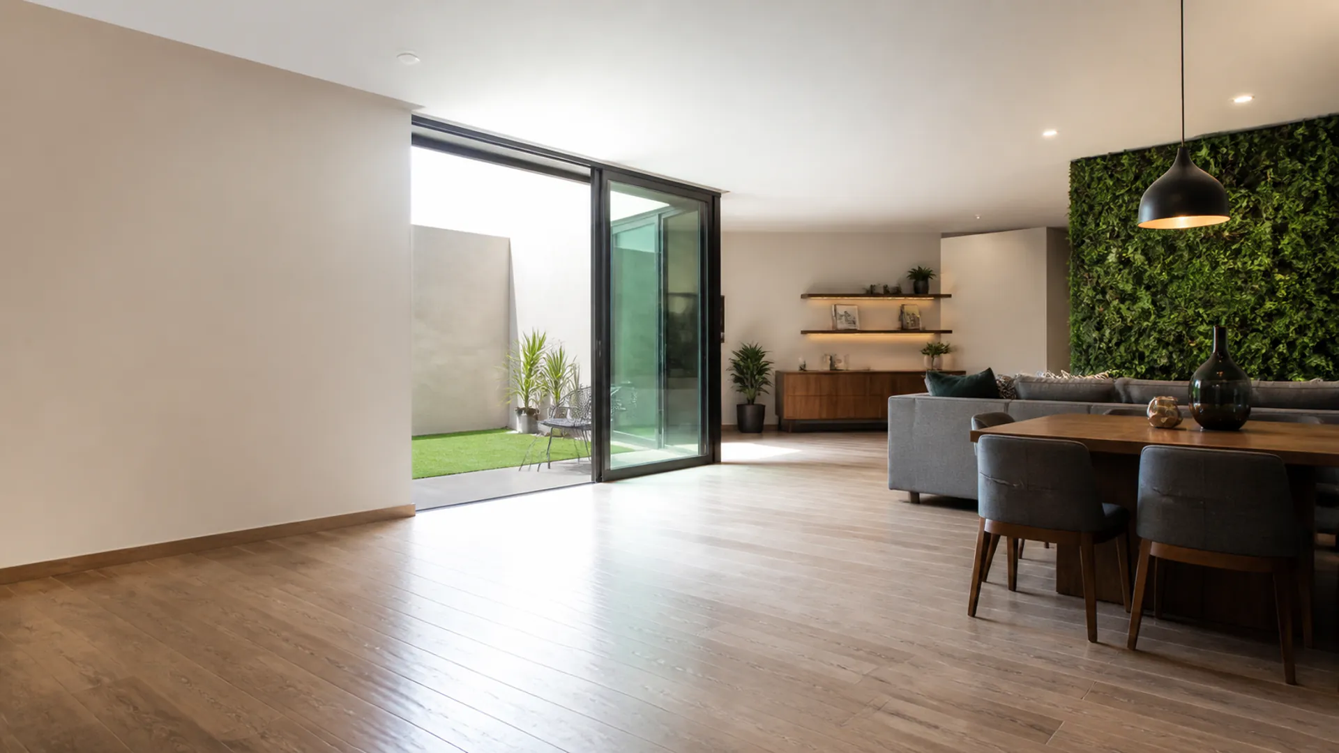 Sala contemporánea con pisos y acabados Minex